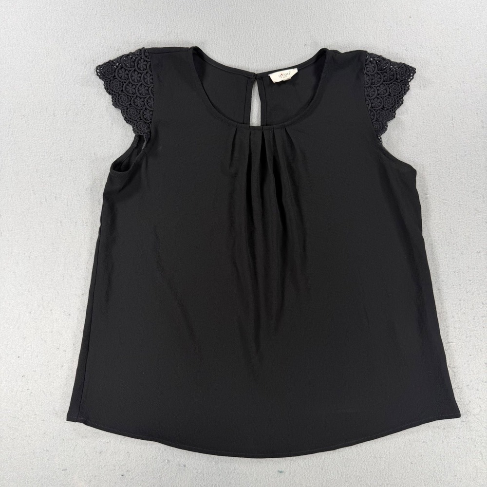 Y'coo Paris Black Crochet Lace Cap Sleeve Pleated Keyhole Blouse Medium